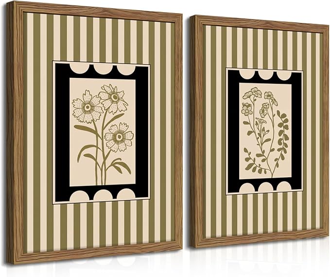 Framed Vintage Botanical Wall Art Set of 2, Olive Green Striped Floral Line Drawing Canvas Prints, Minimalist Nature Plant Artwork, Rustic Wall Decor for Living Room Bedroom Entryway 16x24in