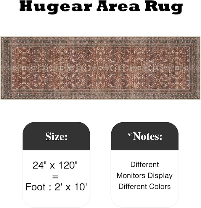 HUGEAR 2x10 Runner Rug Hallway Vintage Brick Red Machine Washable Retro Floral Low Pile Carpet Vacuumable Distressed Long Throw Rug Bedroom Office Bathroom Kitchen Laundry Non Slip Soft Lightweight
