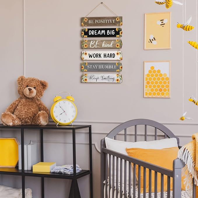 Blulu 6 Pcs Rustic Wall Hanging Plaque Sign Back to School Inspirational Wall Art Farmhouse Wooden Door Signs Positive Plaque with Quotes Motivational Quote Decor for Office Bedroom(Sunflower Style)