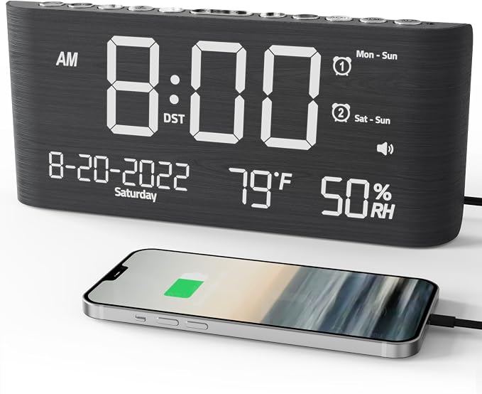 Raynic Alarm Clock, 8.7 Inch Digital Clock, Alarm Clock with USB and Type-C Charger,Dual Alarms,Temperature, Humidity,Date, 5 Adjustable Volume and 5 Dimmer for Bedroom Living Room Office (Grey) | USB-C and USB Charging Ports, Date, Indoor Temperature ...
