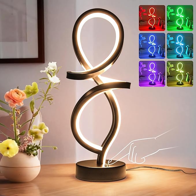 Mayful RGB Modern Table Lamp with 15W LED Spiral Spiral Design, Black Nightstand Lamp & Small Bedside Lamp, Touch Dimmable with 7 Colors & 10 Modes for Bedroom, Living Room, Office