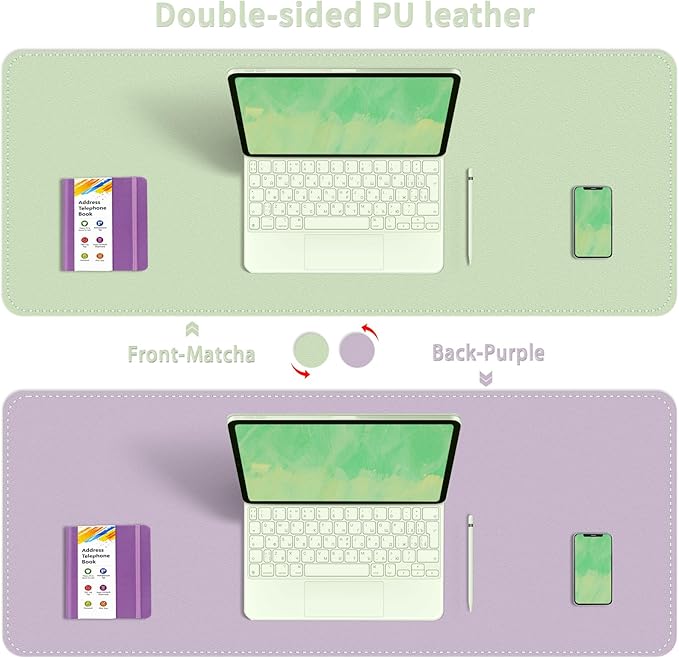 Bleswin Double-Sided Desk Mat, 23.6''×13.8'', PU Leather Mouse Pad, Waterproof Desk Pad, Laptop Leather Desk Mat, Protector for Keyboard and Mouse for Office and Home (Matcha+Purple)