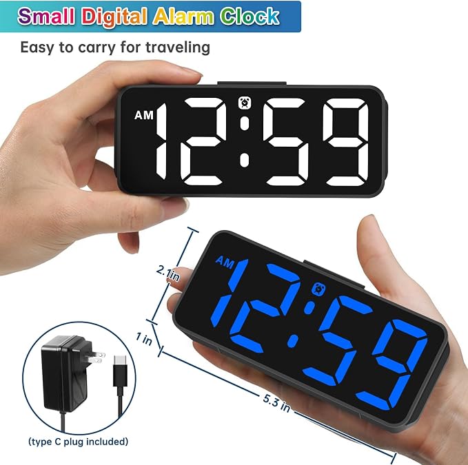 Peakeep Small Cute Digital Alarm Clock Plug-in for Kids Bedrooms Bedside | RGB Colorful Changing Large Display Full Screen, Dimmable 6 Brightness, Corded Electric Battery Backup (Black - RGB)
