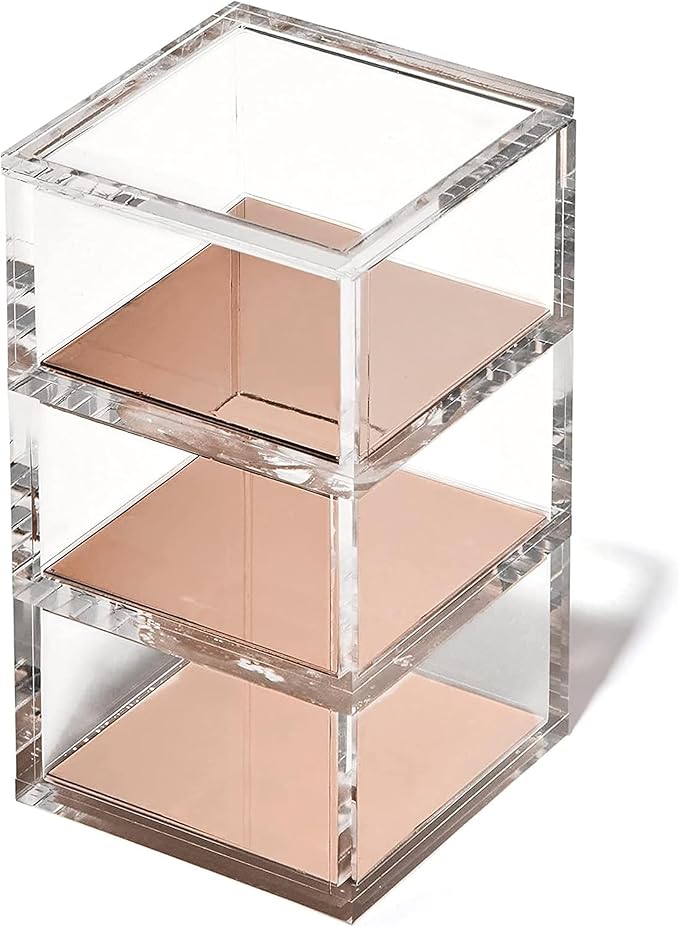 3-Tier Stackable Acrylic Holder, Clear with Rose Gold Base | Stylish desk organizer and storage for office or home, Transparent square design, Functional and elegant desk accessories