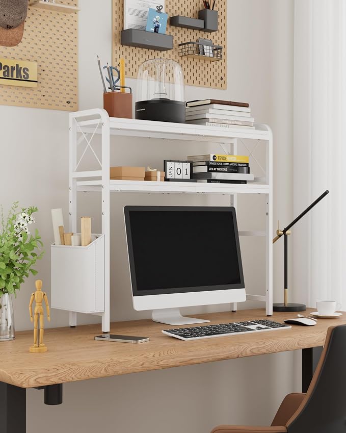 Desk Hutch Dorm with Adjustable Shelves and Side Pockets | 2-Tier Desktop Bookshelf Organizer, Monitor Stand, Large-Capacity Display Shelf Rack for Home Office or Study, White