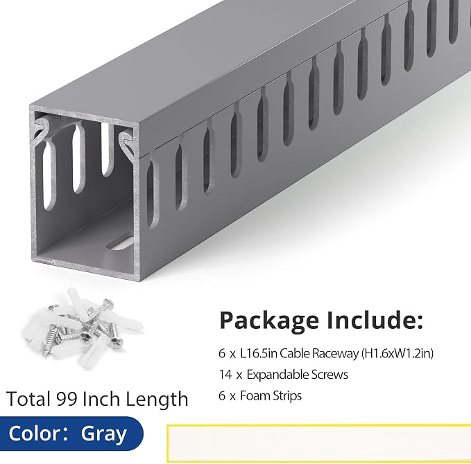 1.6"H x 1.2"W Cable Raceway, 99in Under Desk Wire Management Channel, Grey | Slotted Wire Duct, 6Pack, 16.5in Each, Heavy-Duty PVC Cable Management for Server Racks, Network Cables & Electrical Cabinets