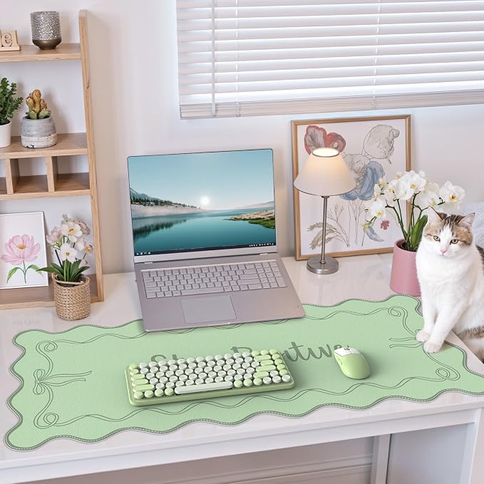 iCasso Green Scalloped Desk Cover Mat, Extra Large Mouse Pad, PU Leather Desk Pad Mat,Waterproof Writing Blotter for Desktop Protector, Non-Slip XXL Big Mousepad for Computer Office Dorm-Bow