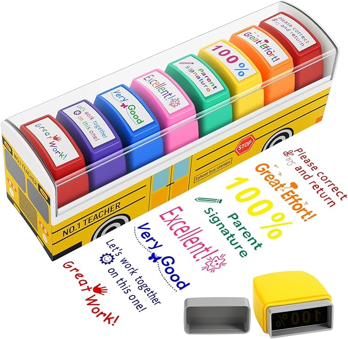 Teacher Stamps for Grading Classroom, New Teacher Appreciation Gifts, Self-Inking Motivation Great Job Parent Signature Stamp for Homework Must Haves, Teacher Supplies (8 pcs)