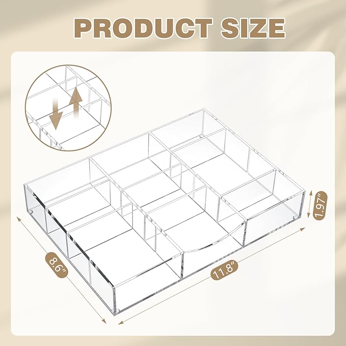 Briwooody Clear Acrylic Drawer Organizer,9 Compartments,Medium | 8.66 x 11.81 x 1.97 Inch Desk Storage Tray Organizer for Pen, Stationery, Desktop, Office, Bathroom, Kitchen, Makeup Supplies