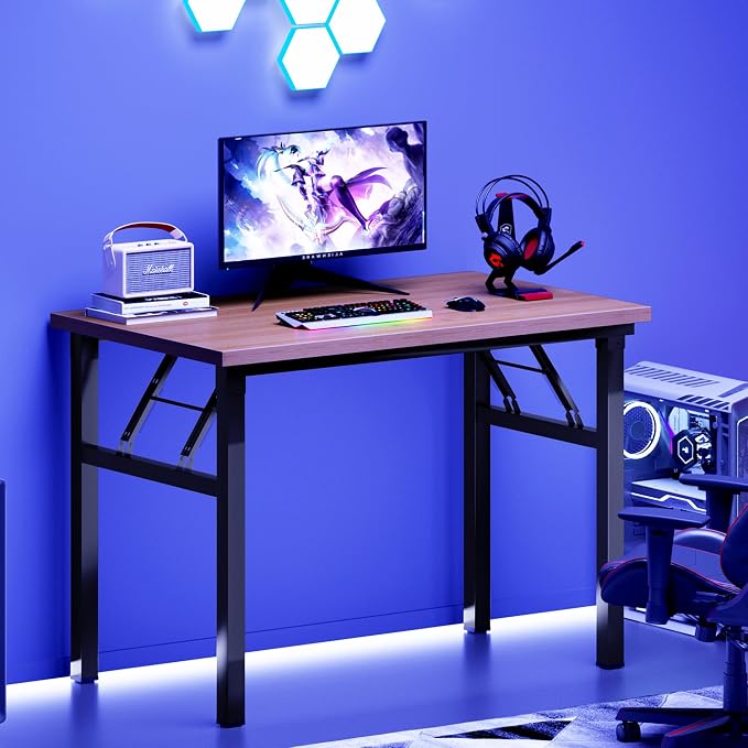 sogesfurniture 31.5 inches Foldable Computer Desk, Small No Assembly Sturdy Laptop Workstation for Home Office, Modern Portable Folding Study Table Writing Gaming Desk for Small Spaces, Teak Black