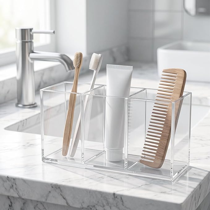 Acrylic Pen Holder, Clear Makeup Brush Holder for Vanity, 3-Compartment Desk Organizer for Office and Bathroom, Pencil Cup Stationery Organizer