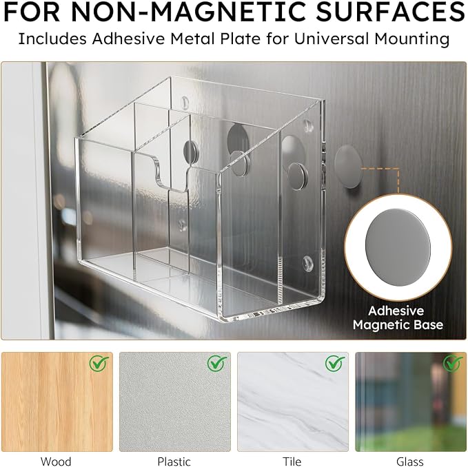 AITEE Magnetic Pen Holder for Refrigerator, Whiteboard & Locker (Small) | acrylic, 3-magnet organizer, non-slip pads, holds markers, pens, scissors, notes, accessory for office, classroom, kitchen