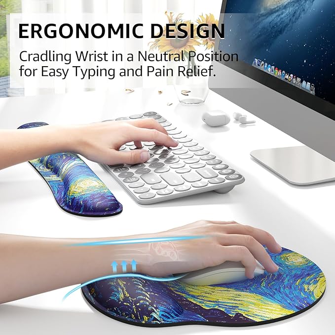 KTRIO Keyboard Wrist Rest & Mouse Pad with Wrist Rest Set, Starry Night | Memory Foam Wrist Support, Ergonomic Design, Non-Slip Base, Office and Home Use