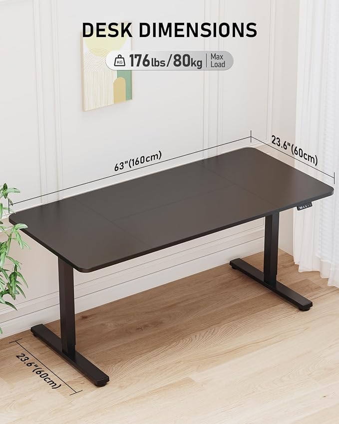 63" Electric Standing Desk Adjustable Height, Sit Stand up Desk for Home Office & Computer Workstation, 2 Memory Height Settings, Splice Board, 2 Hooks, Black Frame/Black Top