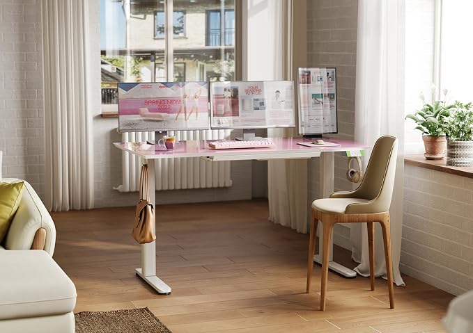 INNOVAR 55×24 Inch Morandi Powder Glass Standing Desk with Drawers | Tempered Glass Top, Ergonomic, Adjustable Height, Stand Up Desk,4 Memory Presets