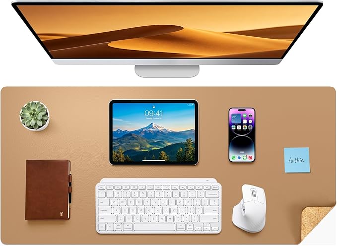 Aothia Dual-Sided Desk Pad - Leather Desk Mat, Natural Cork Desk Pad Protector, Large Mouse Pad for Desk, Waterproof Desk Blotter Pad, Desk Writing Pad for Office Work/Home, Apricot(37.8"x17")