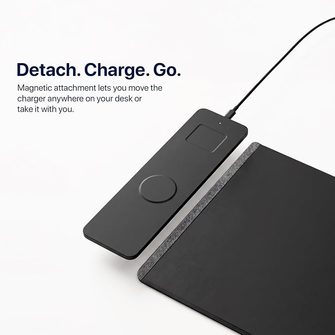 Wireless Charging Desk Mat, Detachable MagSafe & Qi Mouse Pad with Hidden Storage Pocket, 4-in-1 Charges iPhone, Android, AirPods & Wireless Earbuds, Vegan Leather, XL 30.7"x14.6", Black