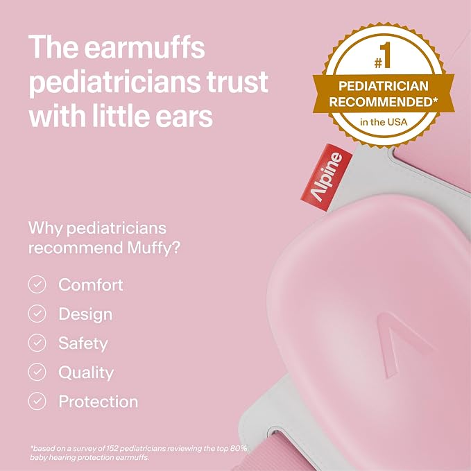 Alpine Muffy Baby Comfort - Protects Hearing for Babies and Toddlers - CE & ANSI Certified - Headband for Safe fit & Comfort - Adjustable for Ages 3-48 Months - 24dB Sound Reduction, Pink