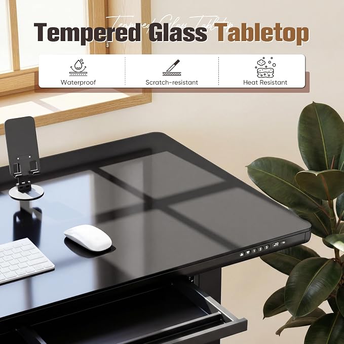 YESHOMY Electric Standing Desk with Tempered Glass Top, 47.2" Height Adjustable Desk with Partitioned Drawer & USB/Type-C Ports, Sit Stand Desk for Home Office, Black