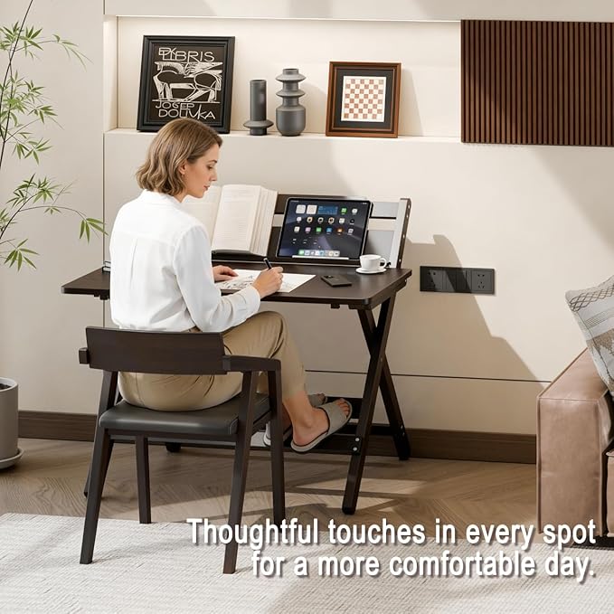 Bamboo Foldable Desk, 31" Portable Oversized Desk with 3 Adjustable Heights, Home Office Computer Desk with Reading Shelf, Perfect Furniture for Living Room & Bedroom, No Assembly (Walnut)