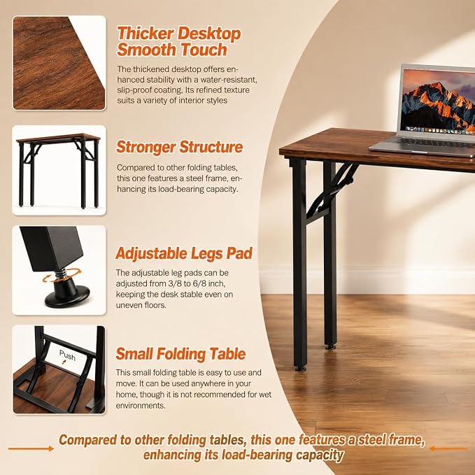 Folding Desk Foldable Desk - Folding Table for Small Spaces, Portable Compact Laptop Workstation for Computer Tasks, Study, Craft, Sewing, Home Office, Bedroom, Dorm and Narrow Space Storage