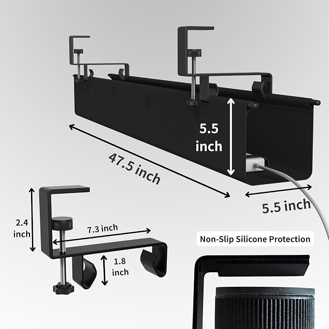 No Drill Under Desk Cable Management Tray, 47.5” Fabric Clamp Mount | Cord Organizer for Table, Heavy Duty Wire Management for Office Home, Black