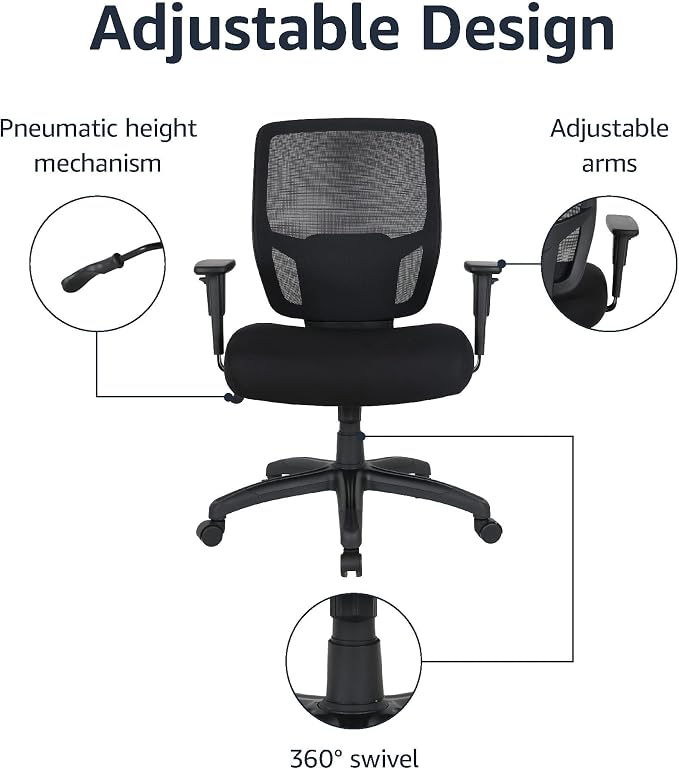 Amazon Basics Big and Tall Mesh Office Chair with Adjustable Armrests, Lumbar Support, Adjustable Height, 400lbs Capacity, Black
