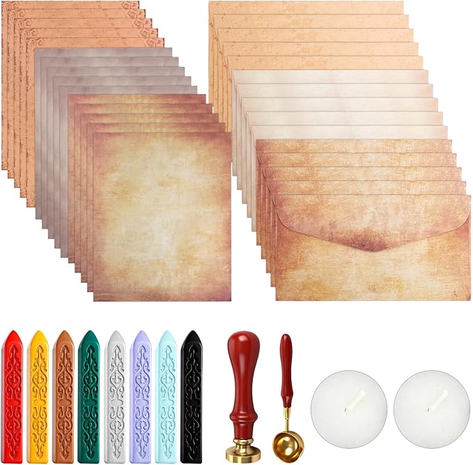 42 Pcs Vintage Paper and Envelopes Set Including 15 Envelopes Sealing 15 Writing Stationery Paper Letter 8 Wax Sticks 2 Tea Candles Wax Spoon and Seal Stamp for Stamp, Parcels, Invitations