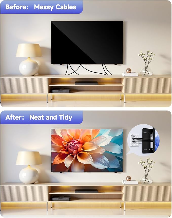 Wall Cable Concealer Kit, in Wall Cable Management Kit for TV, Recessed Outlet with Cable Management Box, in Wall Power Kit Hides TV Cords and Cables, Fits All Plugs, White