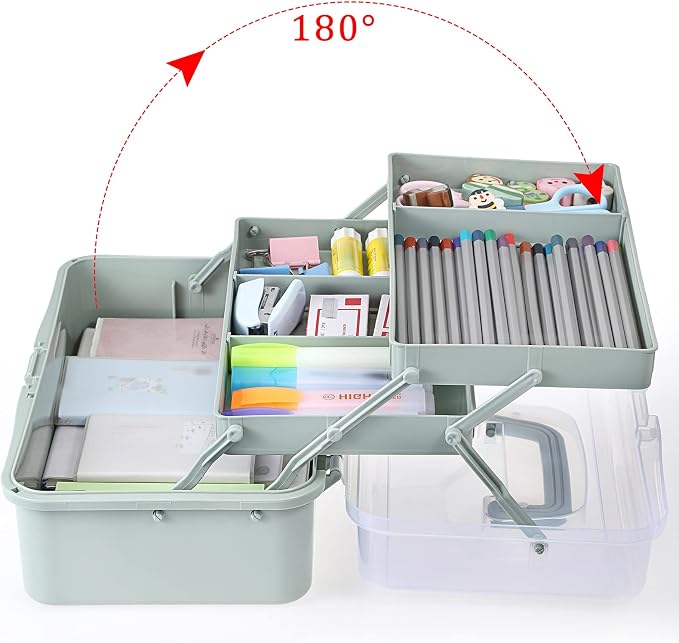 BTSKY 3-Layer Plastic Dividing Storage Box Craft Organizer and Storage | Portable Handled Art Supply Organizer with Adjustable Spacers Multipurpose Home Utility Box for Medicine Sewing(Haze Green)