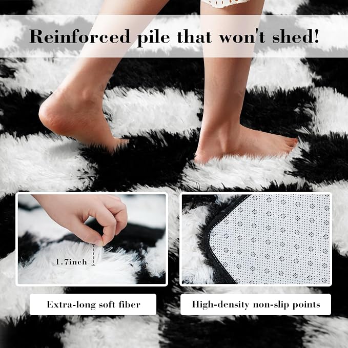 Checkered Rug for Bedroom, 3x5 Black and White Area Rugs, Classic Checkered Carpets Shag Area Rug, Bedside Rugs for Living Room Bedroom Room Home Decor
