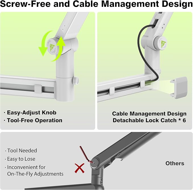 AA AUDIO ACCESSORY White Boom Arm Low Profile (Design for Heavy Mic) 6.6lbs Load Capacity, Gear Lock Structure Never Sags, Metal Microphone Stand Desk Mount for Shure SM7B MV7+, Blue Yeti, Rode PodMic