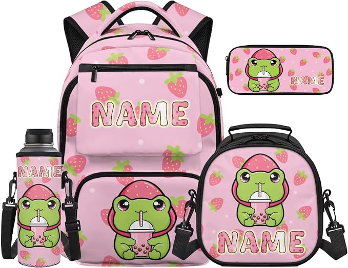 WELLFLYHOM Custom Name Strawberry Frog Backpack Set for Girls Ages 8-12 | 4Pcs Personalized School with Lunch Box, Pencil Pouch and Water Bottle Carrier for Daily Campus Use