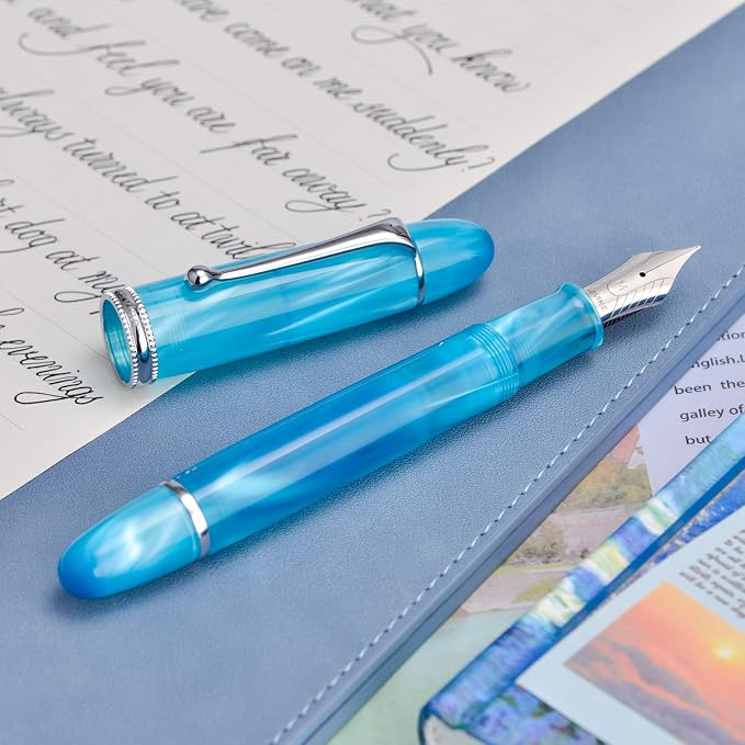 Asvine V800 Fountain Pen – Vacuum Filling System with Large Ink Capacity – Smooth Number 8 Extra Fine Nib with Gift Case and Wrench- Sky Blue Acrylic