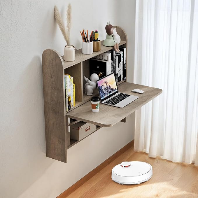 Wall Mounted Drop-Leaf Table, Floating Laptop Desk, Folding Table with Shelves, Multifunctional Computer Workstation with Storage Compartments in Home Office for Space Saving (Rustic Oak)