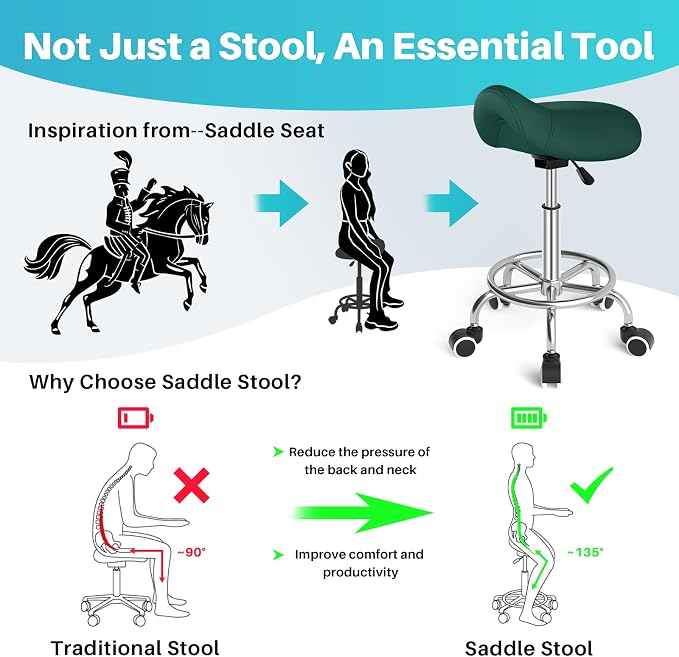 YEEZEE Saddle Stool Ergonomic, Saddle Chair with Wheels, Green | Comfortable Wide Thick Saddle Seat Padding, 360°Swivel, Adjustable Height, Ring Pedal Design, for Medical Massage Salon Spa