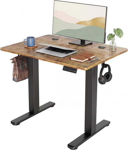 Claiks 32 x 19 Inch Rustic Brown Electric Standing Desk | Adjustable Height, Sit Stand, 3 Memory Presets, Cable Management, Space-Saving, Home Office & Bedroom