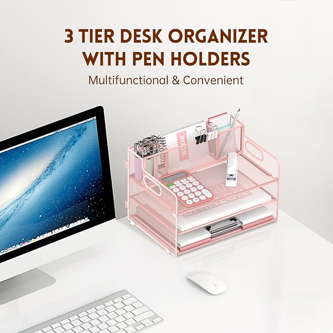3-Tier Desk Organizer with Pen Holder and Handles, Paper Organizer, Pink | Desk Organizer and Paper Organizer for Desk with Pen Holder, Paper Trays and Handles for Files, Mail and Office Supplies
