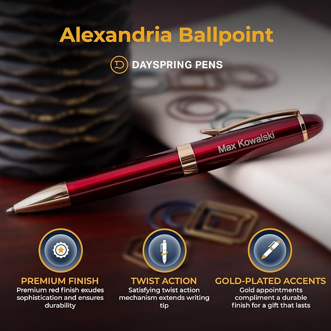 Dayspring Pens | Engraved Alexandria Twist Action Red Ballpoint Gift Pen with Case. Custom Engraved With Gift Recipient Name or Custom Message.