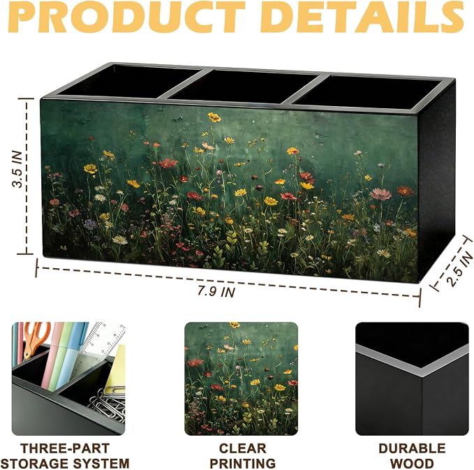 Moody Floral Pen Pencil Holder for Desk, Desk Pen Organizer Dark Green Wildflower Botanical Green Wooden Office Pencil Cup for Home Room Office Bedroom Desk Accessories Tabletop Decorations