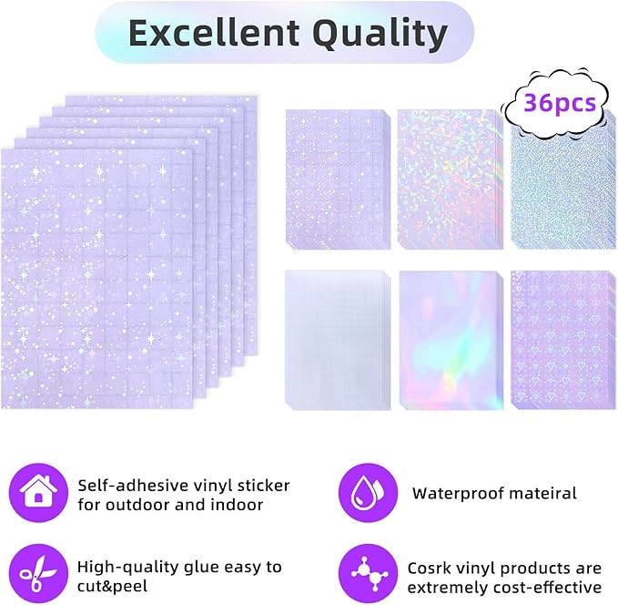36 Sheets Holographic Laminate Sheets 8.5x11 inch 6 Patterns | Transparent Self Adhesive Holographic laminating Sheets, Clear Vinyl Waterproof Overlay for Sticker Paper, Photos, Crafts