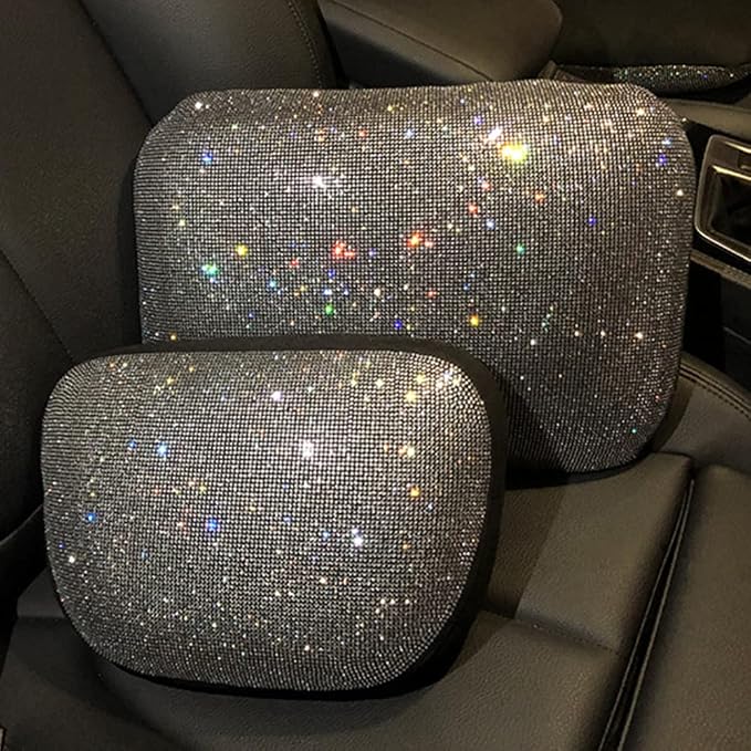 Carwales Lumbar Support Pillow Summer Decorative for Car Soft Bling Accessories Sparkly Diamond Rhinestone for Women Girls, Universal Office Chair Lower Back Cushion Rubber Black