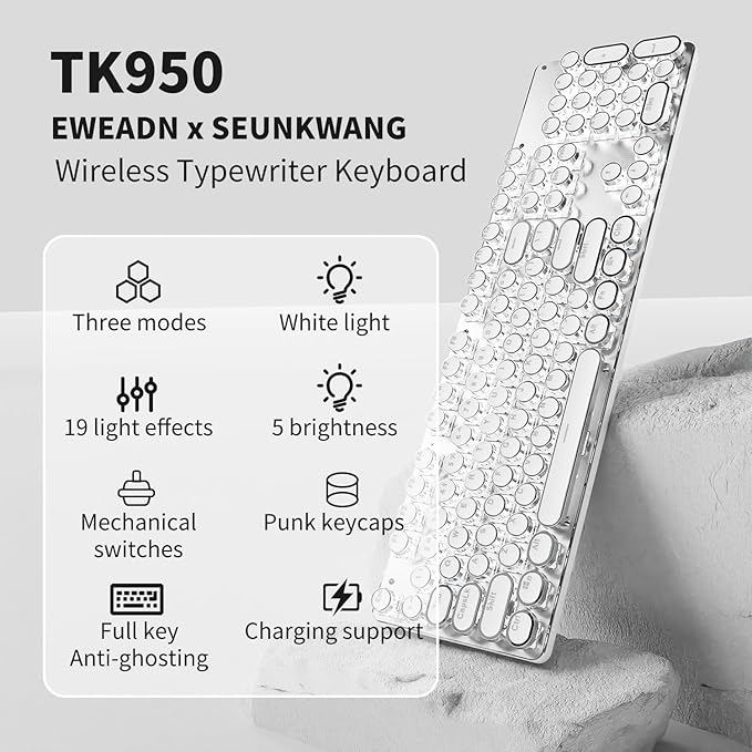 TK950 Wireless Typewriter Keyboard and Mouse Combo,104 Keys Retro Typewriter Mechanical Keyboard with White Backlit, Anti-Ghosting, Blue Switch, Bluetooth/2.4G/Wired Cute Gaming Keyboards-White