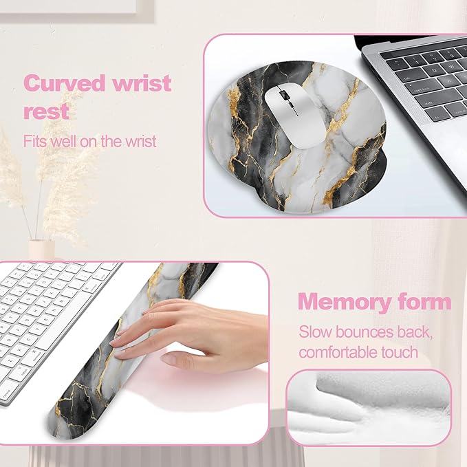Black Gray Gold Marble Keyboard Wrist Rest Pad and Mouse Pad Wrist Support Set,3-in-1 Ergonomic Mouse Pad with Non-Slip Rubber Base for Home Office Game Computers Desk,