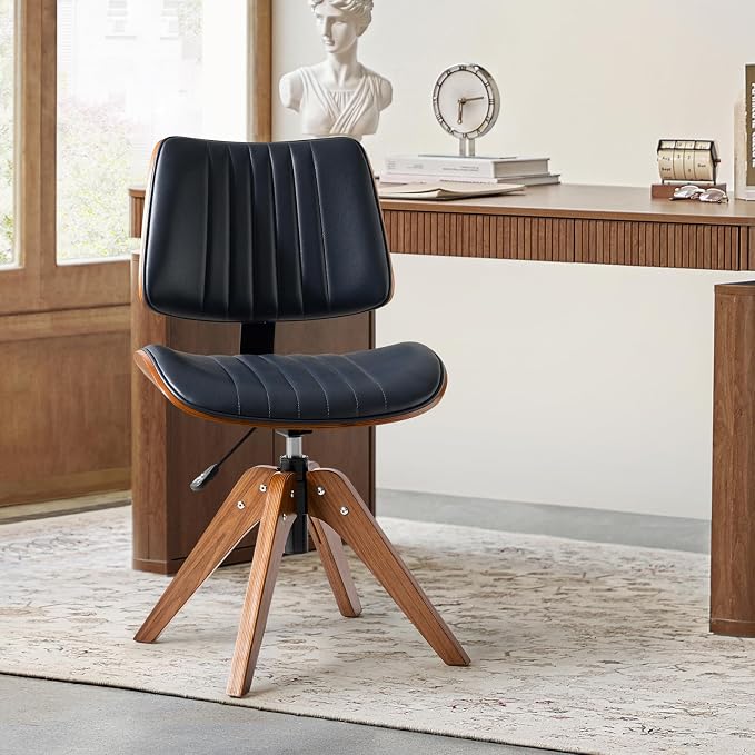 HULALA HOME Faux Leather Home Office Desk Chair No Wheels, Navy | Mid-Century Modern Desk Chair with Wood Legs, 360° Swivel Computer Task Chair with Channel-Tufted Backrest, Height Adjustable