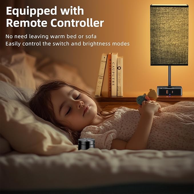 cozoo Bedside Table Lamp for Bedroom, 3 Way Dimmable & Remote Control Stepless Dimming Touch Nightstand Lamp, 2 USB Ports and 2 AC Outlets, Small Desk Light for Living Room, Bed, Study, Black