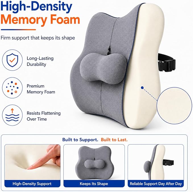 Pampkin Ergonomic Lumbar Support Pillow with Adjustable Strap | High-Density Memory Foam Back Cushion for Office Chair & Car | Back Pain Relief & Posture Support