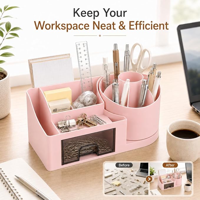 Qomamount Desk Organizer with Drawer,Office Supplies Organizer and Pen Holder for Desk,Modern Desktop Stationery Storage Box for Home Office,School,Study Room and Vanity(Pink)