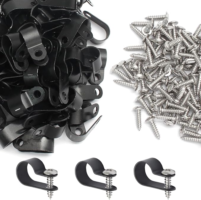 100 Pcs 1/2 Inch Black Nylon Cable Clip Wire Clamp | R-type, 13.2mm, Screw Mounting, Stainless Steel Screws Included, Wire Management