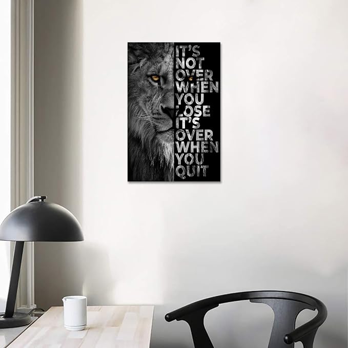 Lion Head Prints Canvas Inspirational Wall Art Black and White Animal Posters Motivational Quote Pictures for Bedroom Dorm Room Office Decor Framed Ready to Hang28x44inches